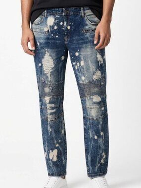 NWT Embellish Callisto Distressed Skinny Blue Denim Moto Biker Jeans Mens 44